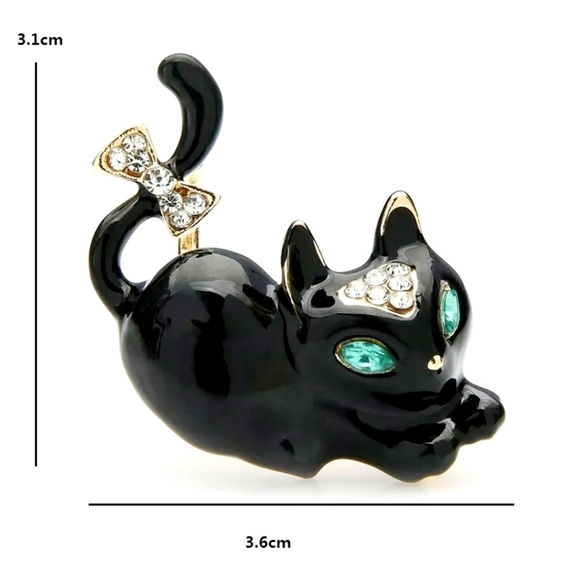 2 new gold plated black-and-white green crystal cat bow necklace/brooches - Picture 5 of 16